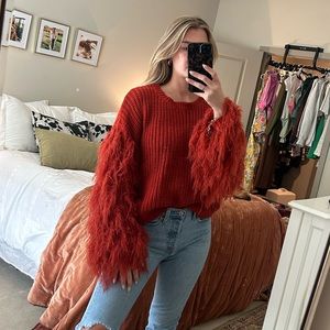 Rust Orange Fringe Sleeve Sweater
